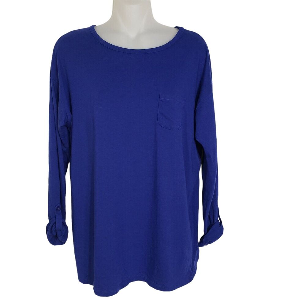 Talbots Womens T Shirt Medium Blue Pocket Knit Top Round Neck Long Tab Sleeves